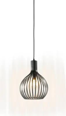 A black pendant light with a cage-like shade is shown hanging against a white and light gray background.