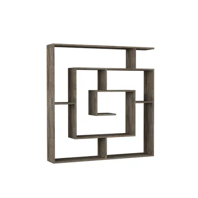 A modern, geometric bookshelf with a labyrinthine design, presented against a plain white background.