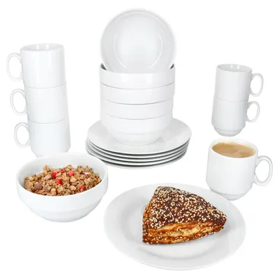 Obrázek produktu pro 18dílná snídaňová sada Tommy bílé porcelánové talíře misky hrnky stohovatelné