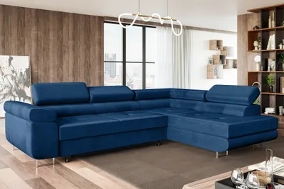Produktbild von MEBLINI Schlafcouch mit Bettkasten - Ecksofa mit Schlaffunktion - Sofa mit Relaxfunktion und Kopfstützen - Couch L-Form - Eckcouch - Wohnlandschaft - MALIBA - 277x203x63cm Rechts - Blau Samt