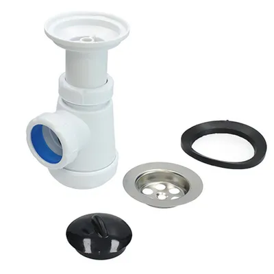 Produktbild von Fontastock FSKFSI004 kurzer Flaschensiphon, ausziehbar 1-1/4" 32/40 mit waagerechtem Abgang und Gitterrost de inklusive Ablauf und Stopfen
