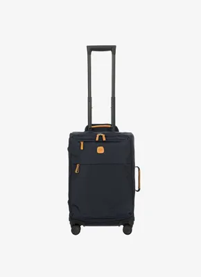 A navy blue rolling suitcase with brown accents is shown against a white background.