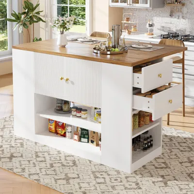 Produktbild von STILVORA Kücheninsel mit ausklappbare Tischplatte, Küchenschränke mit Schubladen und Regalen, Geschirrschränke für Küche und Esszimmer, weiß