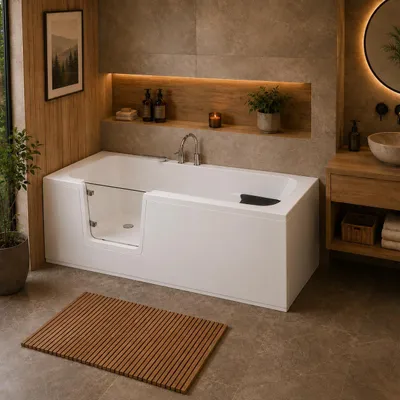 Produktbild von AQUA for you | Badewanne - VOVO - Acrylbadewanne – 160x75 cm - universell - Weiß - mit Tür, Schürze, Sitz, Seniorenbadewanne