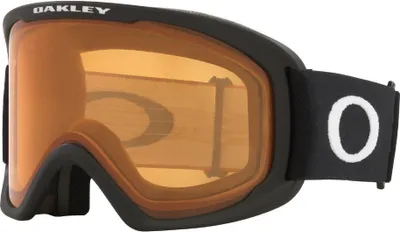 A pair of black Oakley ski goggles with an orange lens, shown from the side.