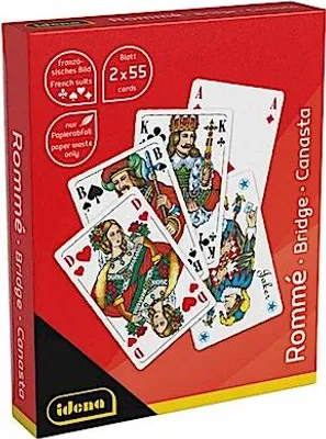 Produktbild von Idena - Spielkarten für Rommé, Canasta und Bridge, 2 x 55 Karten mit französischem Blatt, Version 2, Kartenspiel für 2-6 Spieler ab einem Alter von 6 Jahren, Kartenformat ca
