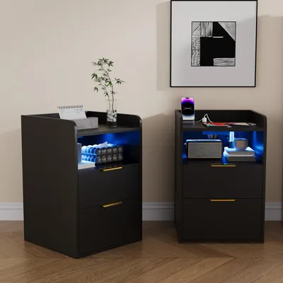 Image de UnboxG : Ensemble de 2 tables de chevet avec éclairage RGB LED et station de charge, tables d'appoint avec 2 tiroirs, étagère ouverte, 2 prises de courant AC, ports USB-A et USB-C, design moderne, couleur noire, idéal pour la chambre