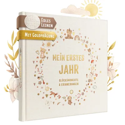 Produktbild von EULENTALER® Babyalbum mein erstes Jahr, echtes Leinen & Goldprägung I von Pädagogen gestaltet I Babytagebuch zum ausfüllen, Erinnerungsbuch