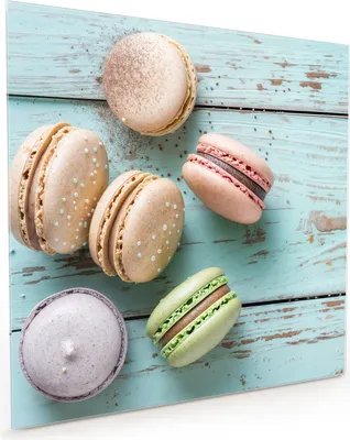 Produktbild von Küchenrückwand Spritzschutz Glas mit Motiv Macarons auf Holz 40 x 40 cm