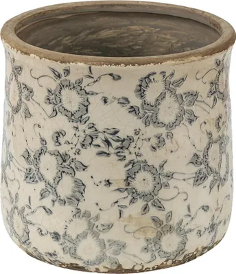 A ceramic pot with a floral pattern.