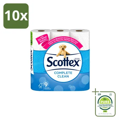 Imagen del producto de 10 rollos de papel higiénico Scottex Complete Clean, de doble capa, en un paquete grande