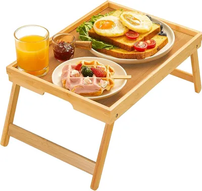 Produktbild von Tabletttisch Bambus Betttablett Klappbar Frühstückstablett Laptoptablett,Betttablett mit faltbaren Beinen und Tragegriffen,Serviertablett,50*30*21,6cm