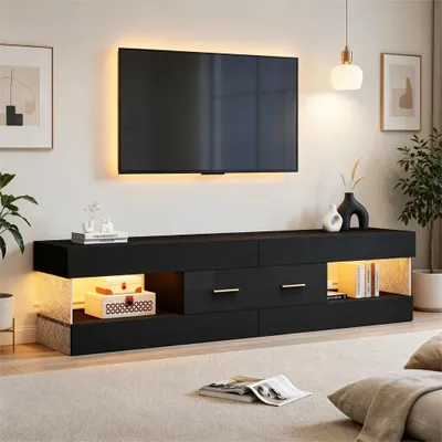 Obrázek produktu pro okwish TV stolek s LED osvětlením a akrylovou deskou, TV skříňka se zásuvkami, obývací skříňka s otevřeným úložným prostorem, černá
