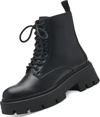 A black lace-up boot with a thick sole is shown against a white background.