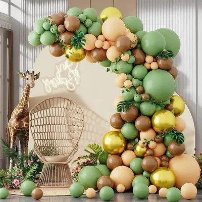 Image de Kit d'arche de ballons haut de gamme au motif bois, 148 pièces, vert-beige-doré, pour une baby shower, une fête de révélation du e, un anniversaire et un mariage