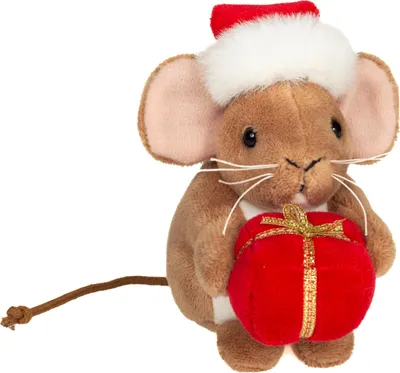 A plush toy mouse wearing a Santa hat and holding a red gift.