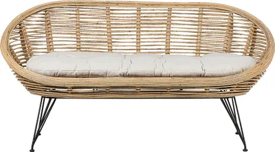 Produktbild von BELIANI 2-Sitzer Gartensofa Natürlich Rattan mit Schwarzem Metallgestell Auflage Hellbeige Stoff Boho Garten Outdoor Indoor Terrasse Ausstattung Möbel