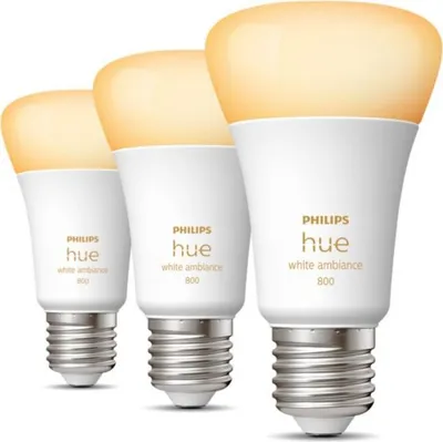 Three Philips Hue white ambiance light bulbs are shown against a white background.