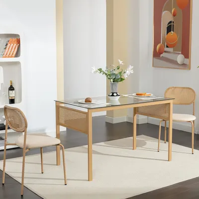 Produktbild von CDGlobal Esszimmerstühle 2er Set, Küchenstuhl mit Rattan Rückenlehne, Wohnzimmerstuhl mit Metallrahmen, Rattanstuhl für Wohnzimmer Esszimmer (47,75x45,97x79,75 cm)
