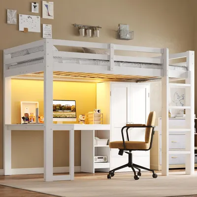 Immagine prodotto di Letto a soppalco MODFU, 90x200 cm, per adolescenti, con scrivania, contenitore, armadio, luci LED e scala, in legno di pino, senza materasso, colore bianco