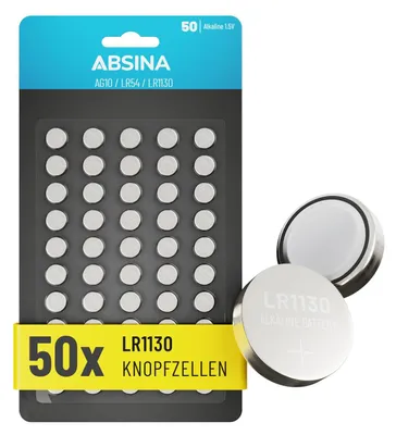Produktbild von ABSINA 50x AG10 LR1130 Knopfzelle - 1,5V Alkaline Knopfzellen LR54 / V10GA / RW49 / G10A / 189 / GP189 / L1130 / 89A