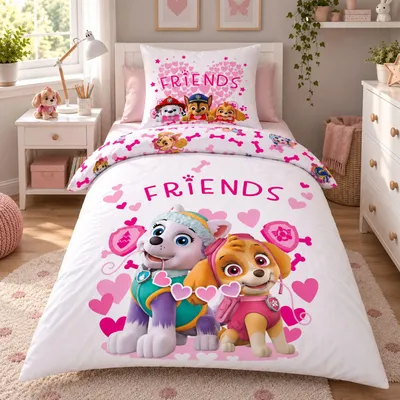 Produktbild von Paw Patrol Bettwäsche für Mädchen 135x200 80x80 cm aus 100% Baumwolle mit Reißverschluss; Motiv Skye & Everest Friends