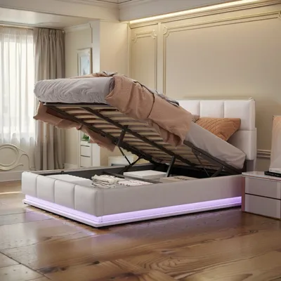 Produktbild von Polsterbett hydraulisches Boxspringbett 140x200cm Anhebbarer Bettstauraum mit Einstellbares LED-Farblicht Lattenrost und Stauraum Doppelbett Holzbett Jugendbett Kunstleder