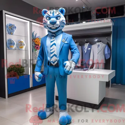 Produktbild von Blauer REDBROKOLY Tiger Maskottchen Kostüm Charakter gekleidet mit einem Blazer und Ohrringen