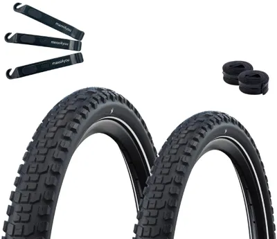 Productafbeelding van 2 x Schwalbe Hybrid banden, model Johnny Watts Plus, met stalen karkas, Double Defense, GreenGuard, radiaal ADDIX, E-50, zwart-reflecterend, maat 60-622 (29 x 2.35") + 2 x Schwalbe binnenbanden DV19, inclusief bandenlichters