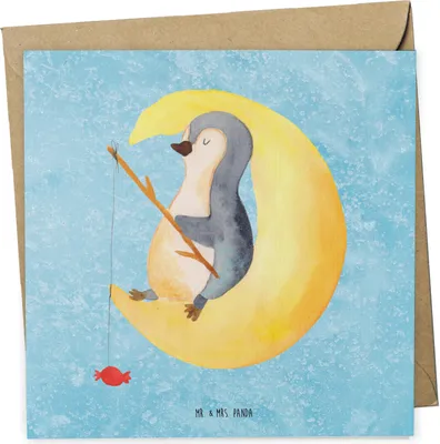 Produktbild von Mr. & Mrs. Panda Grußkarte Pinguin Mond - Eisblau - Geschenk, Erschöpft, Süßigkeiten, schlafen, Klappkarte, Spruch, Angel, Glückwunschkarte, anlasskarte, doppelkarte