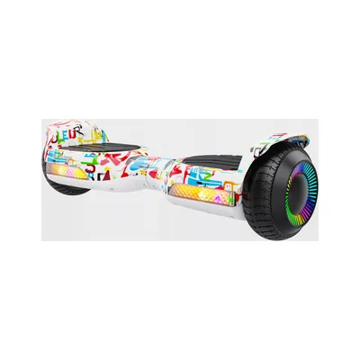 A hoverboard with a colorful graffiti-like pattern and LED lights on a white background.