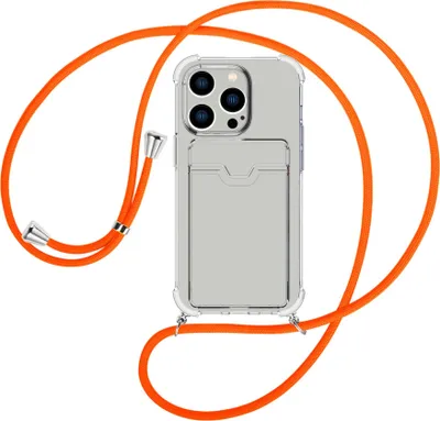 Produktbild von Handykette Backcover-Schutzhülle mit Band (Metall silberfarben) für Apple iPhone 15 Pro - neonorange
