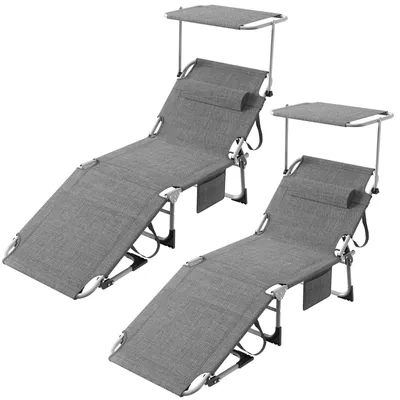 Produktbild von Arvioo 2x Sonnenliege klappbar mit Sonnendach, wetterfeste Gartenliege mit verstellbar Rückenlehne, Liegestuhl Strandliege bis 150 kg belastbar, Grau