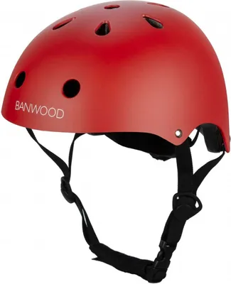 A red helmet with straps, shown from a front-diagonal angle against a white background.
