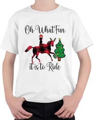 Produktbild von Oh What Fun Tis To Ride Weihnachten Pferd Rentier Buffalo Plaid Uni Kinder T-Shirt, Weiß, 128