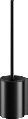 A black toilet brush holder with a handle.