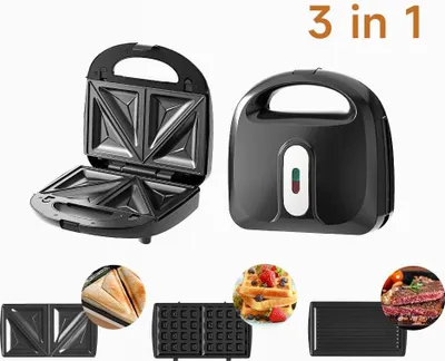 Produktbild von Zimilo 3 in 1 Frühstücksgerät mit Wechselplatten Sandwichmaker Waffeleisen Kontaktgrill abnehmbare Antihaftplatten mechanische Bedienung