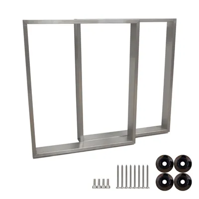 Two metal table legs and hardware are displayed on a white background.