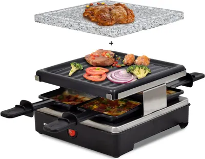 Produktbild von Syntrox Germany 4er Raclette für 4 – Miniraclette Brienza mit Steinplatte und emaillierter Grillplatte, 600 Watt – Ideal für gesellige Grillabende