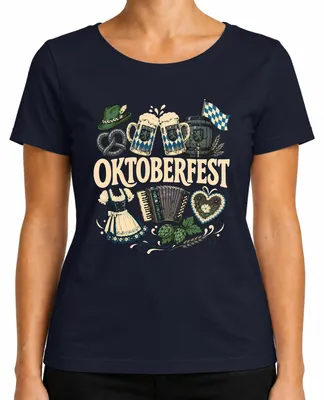 Productafbeelding van , bierkruik, dirndl, pretzel, traditioneel shirt, lederhosen, dames T-shirt, marineblauw, maat S