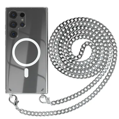 Produktbild von EAZY CASE Handykette kompatibel mit Samsung Galaxy S24 Ultra, Kette zum Umhängen aus Metall, Silikonhülle mit Band, stoßfest, mit MagSafe in Silber