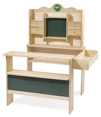 Produktbild von Großer Holzspielstand mit Lernuhr und 4 Schubladen