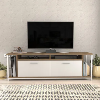Produktbild von Skye Decor, Omar - White, Walnut, Fernsehtisch, Weiß, 100 % MELAMINBESCHICHTETE SPANPLATTEN, 160 x 35 x 50,8 cm