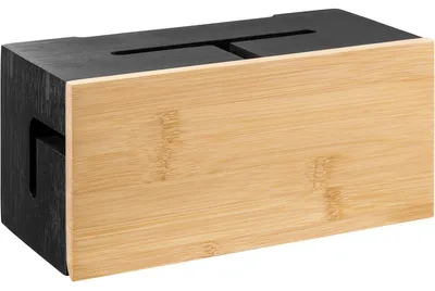 Produktbild von Kabelbox Kabelkanal Kabelorganizer - Massivbambus - 24,5 x 13 x 11 cm - Schwarz - Für Steckdosenleisten und Netzteile