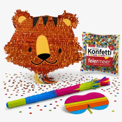 Produktbild von Pinata-Set | 4-tlg. mit Augenmaske, Schlagstock und Konfetti Farbe: "Tiger Kopf" | 42x33x7,5cm