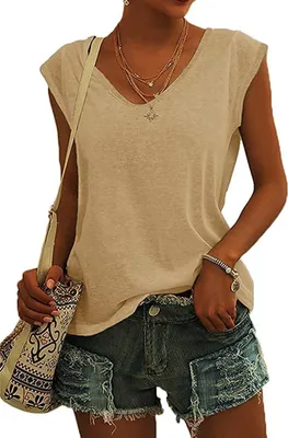 Obrázek produktu pro ASKSA Dámské tričko s výstřihem do V a křídlovými rukávy Letní obyčejné tílko Basic Shirt Tee Tops, Khaki, XXL