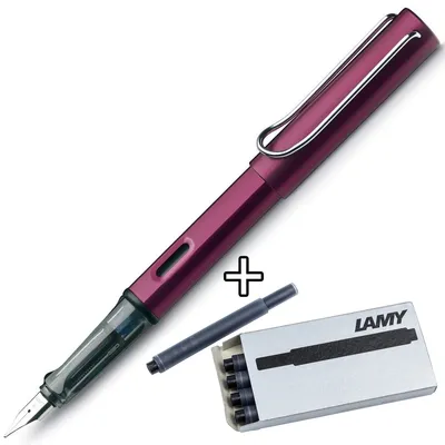 A purple LAMY fountain pen with ink cartridges.