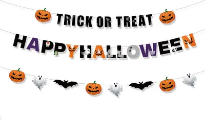 Produktbild von 3 Halloween-Papiergirlanden mit Kürbis-Motiven als Fotohintergrunddekoration für die Hauswand