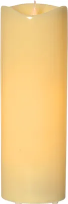 A tall, cream-colored LED candle with a flickering light at the top.