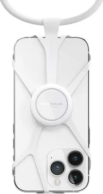The back of a white smartphone with a white phone chain attached.